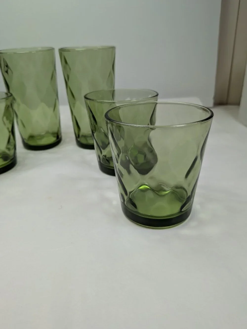 Vintage Indiana Glass Diamond Point Avocado Green Set of 6 - Pristine MCM